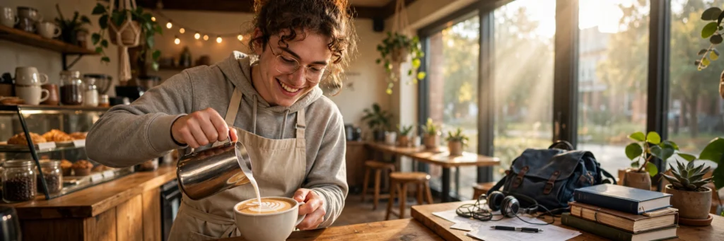Student working as a barista in a cafe